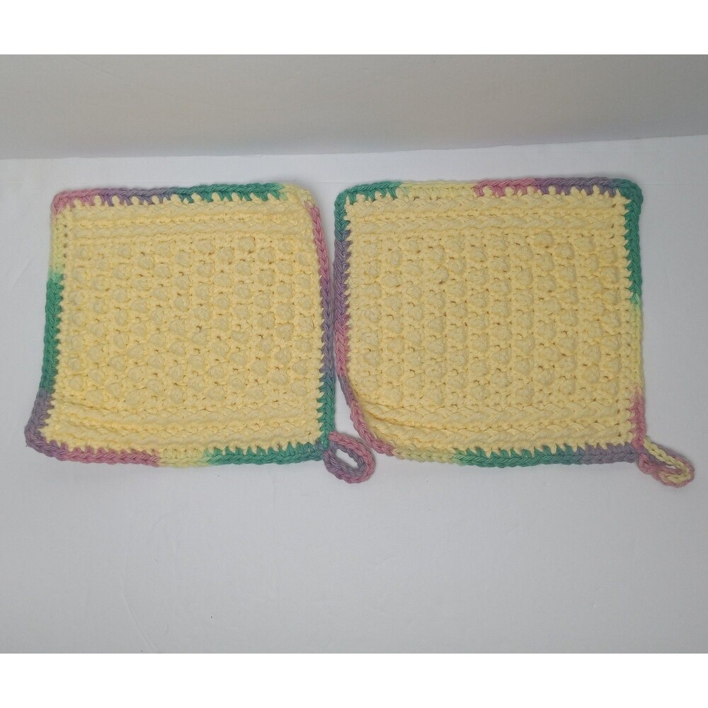 Handmade Crochet Washcloths Pot Holders Set Of 2 Yellow W/Pastel Rainbow Trim